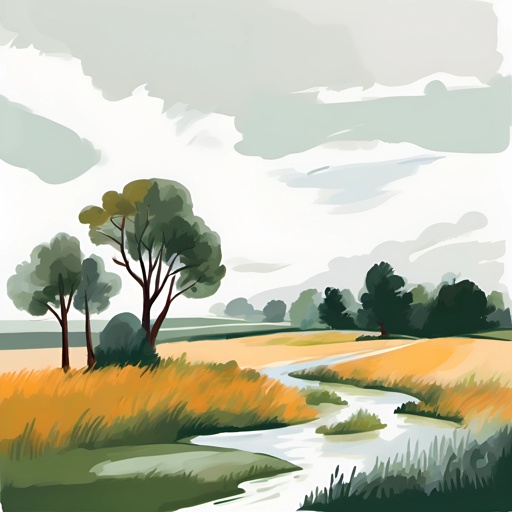 a painting of a river running through a field
