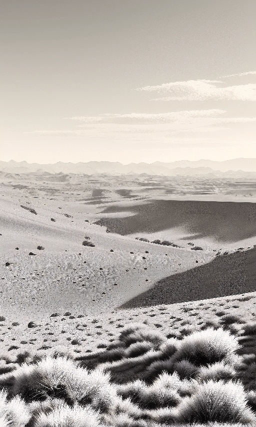 a black and white photo of a desert with a horse