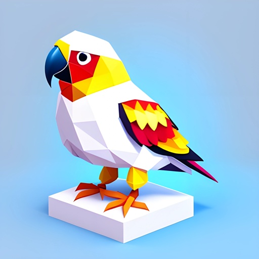 brightly colored bird on a white platform on a blue background