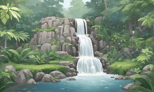 a waterfall in the middle of a jungle with rocks and trees