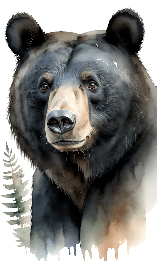 a black bear with a white face and a fern