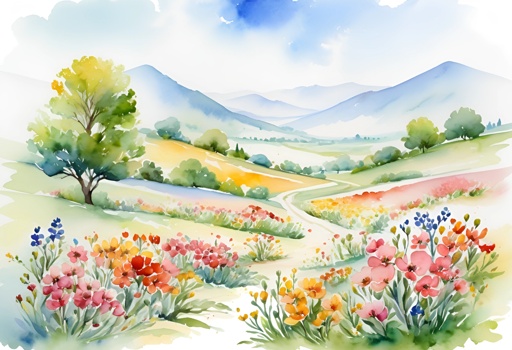 a painting of a field with flowers and mountains in the background