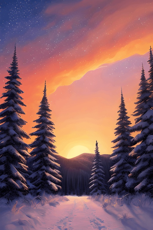 snowy trees in the foreground of a sunset scene with a snow covered mountain