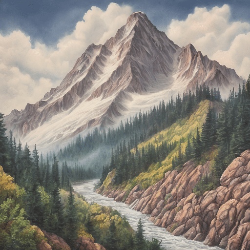 painting of a mountain scene with a river and a forest