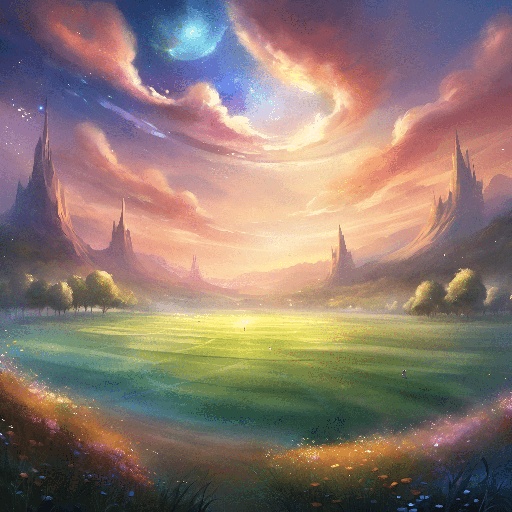 painting of a fantasy landscape with a castle in the distance