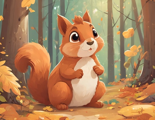 a cartoon squirrel sitting in the woods with leaves