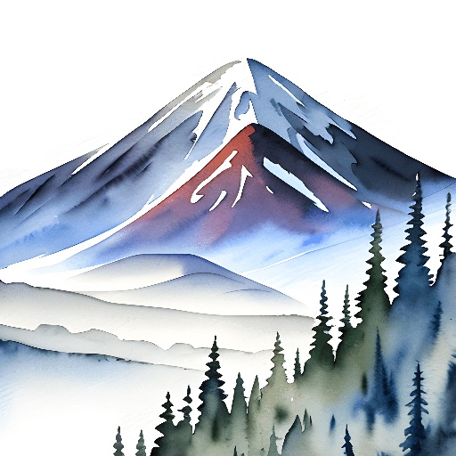 a painting of a mountain with a red peak