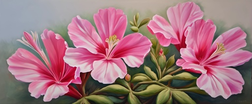 painting of pink flowers with green leaves on a white background