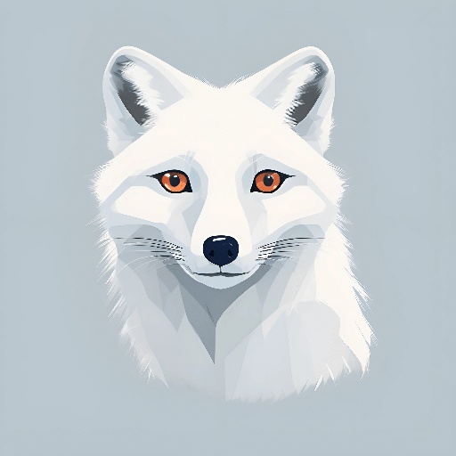 a white fox with orange eyes on a gray background