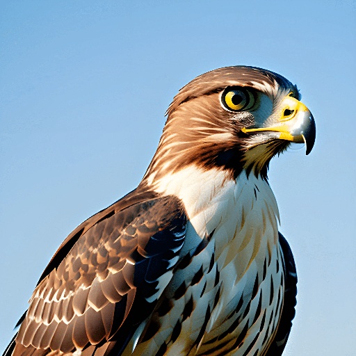 bird of prey with yellow eyes and black and white feathers