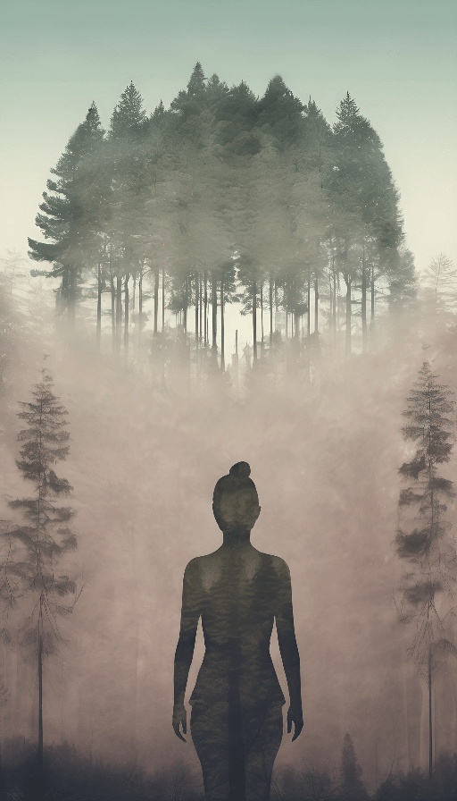a woman standing in front of a forest with trees