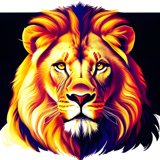 brightly colored lion head on black background with white background
