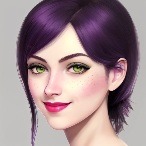 a close up of a woman with purple hair and green eyes