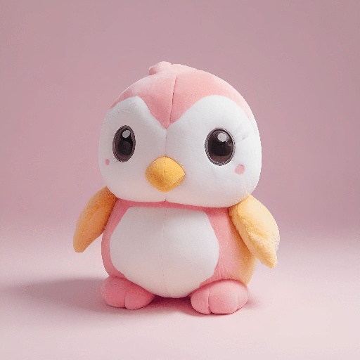 a small stuffed penguin sitting on a pink surface
