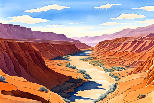 painting of a river in a canyon with a mountain in the background
