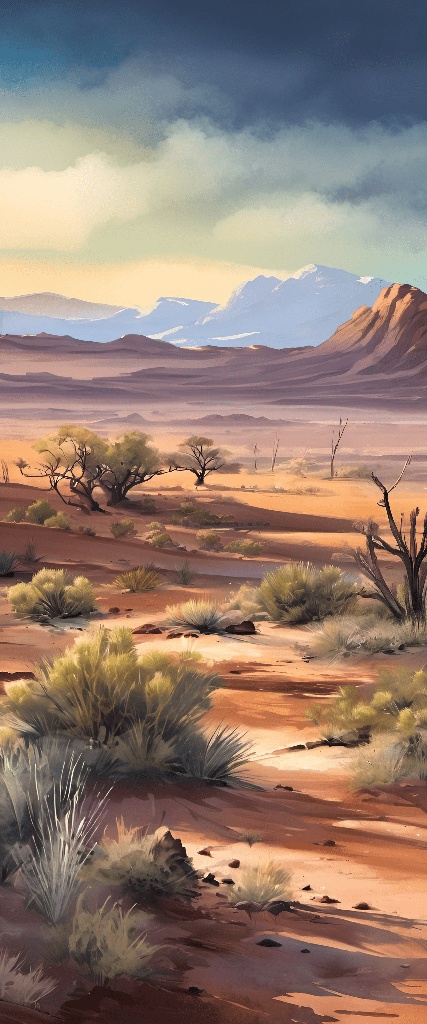 painting of a desert scene with a few bushes and mountains