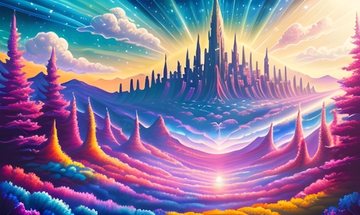 painting of a fantasy landscape with a castle in the middle