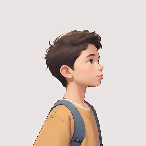a young boy with a backpack looking up