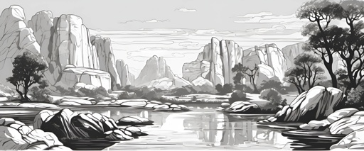 a drawing of a river with rocks and trees in the background