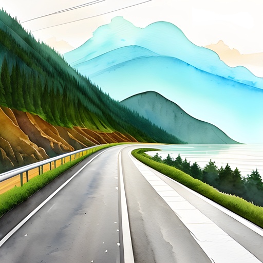 painting of a road with a mountain view and a body of water