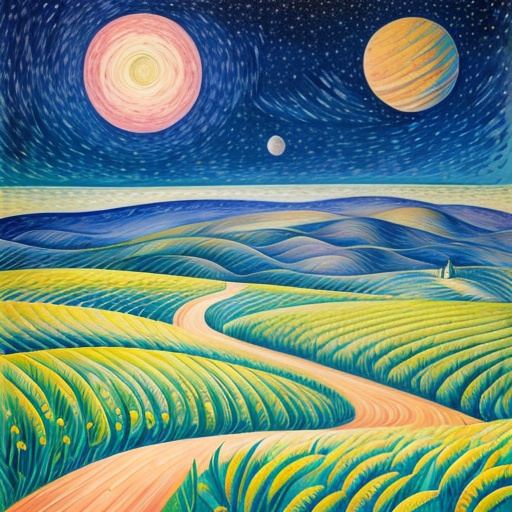 a painting of a road going through a field with a full moon in the sky