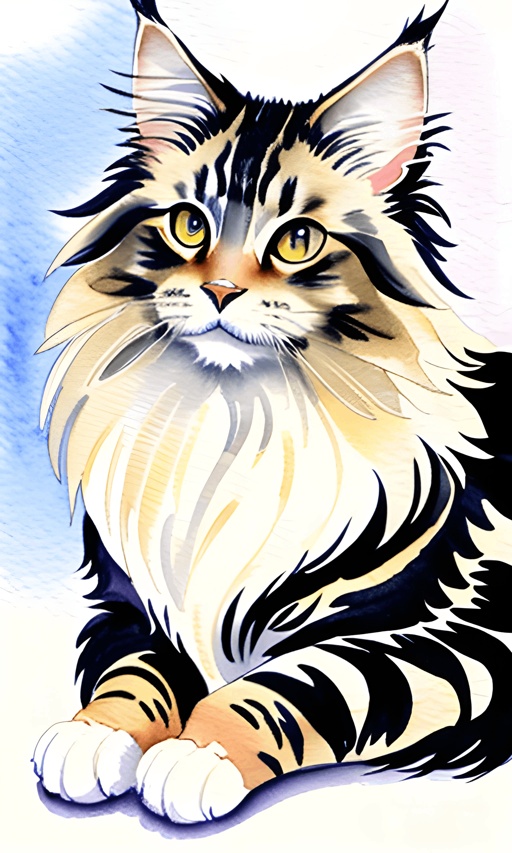 painting of a cat with a long white and black fur