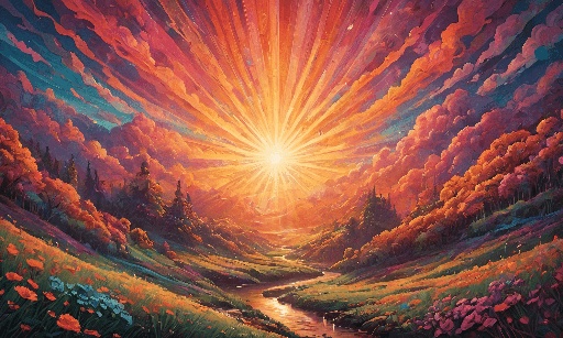 painting of a sunset over a valley with a stream running through it