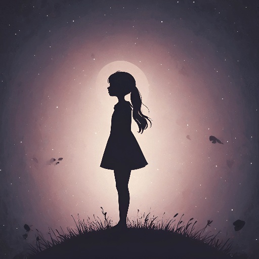 silhouette of a girl standing on a hill looking at the moon