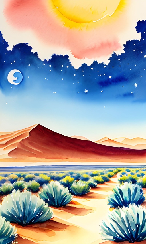 painting of a desert scene with a desert and a sun