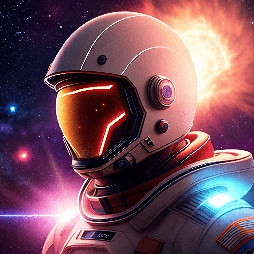 astronaut in space with glowing helmet and glowing lights
