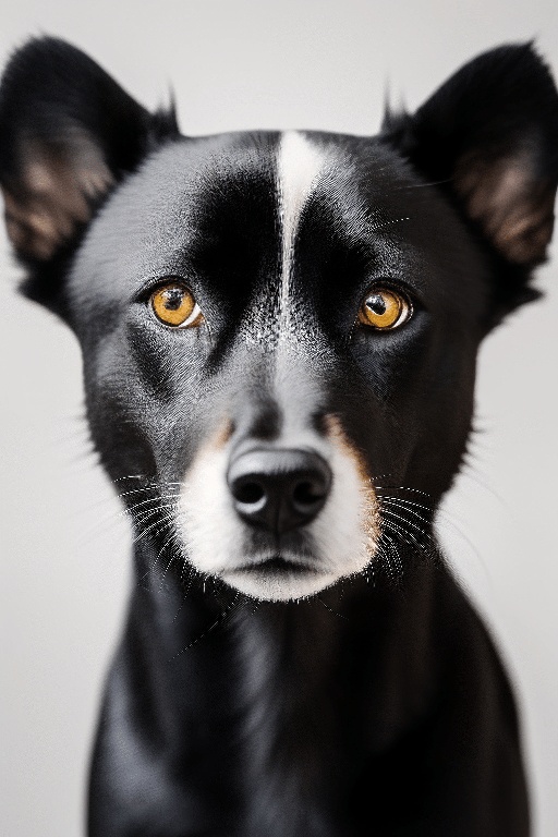 a black and white dog with yellow eyes looking at the camera