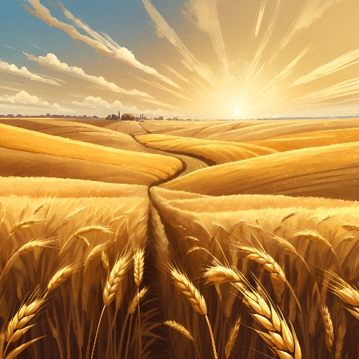 view of a wheat field with a sun in the background