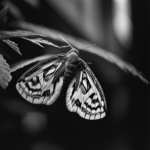 butterfly resting on a leaf in a black and white photo