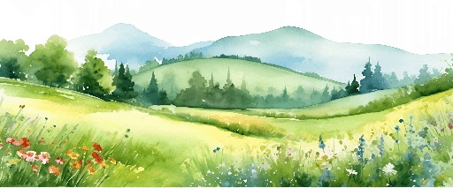 a painting of a green field with flowers and trees