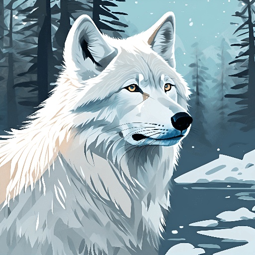 a white wolf standing in the snow near a forest