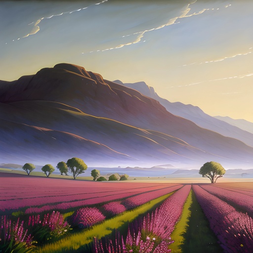 painting of a field of lavenders with a lone tree in the distance