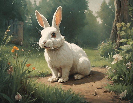 a white rabbit sitting in the grass near a tree