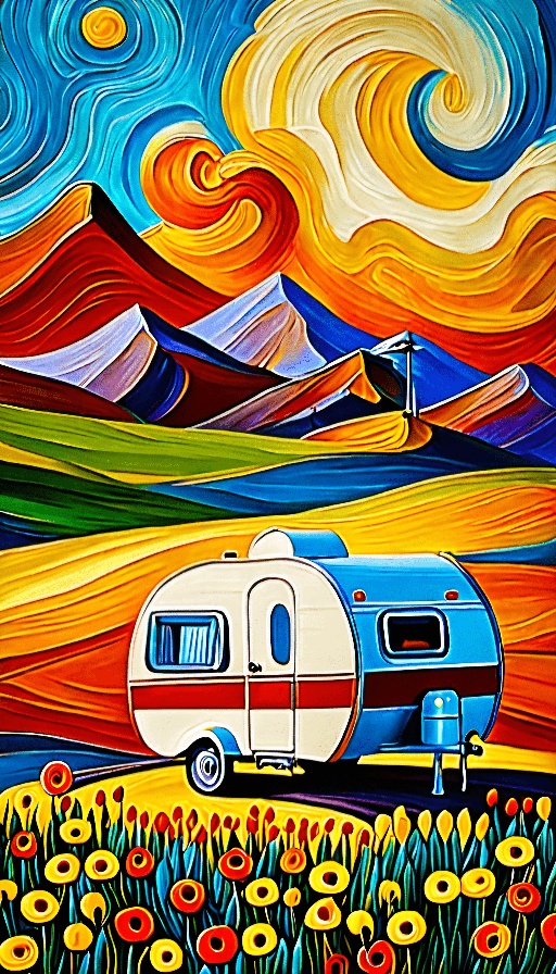 painting of a camper trailer in a field of flowers