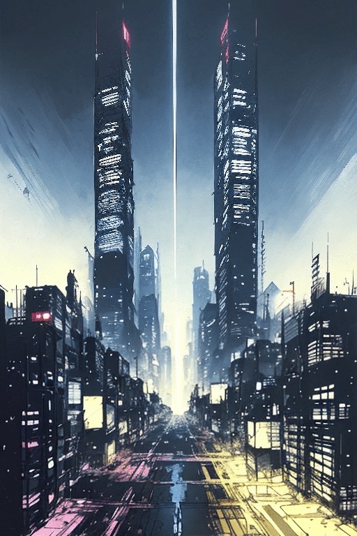 futuristic cityscape with skyscrapers and a street light at night