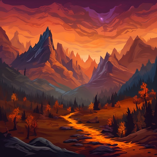 mountains and a river in a valley with a sunset
