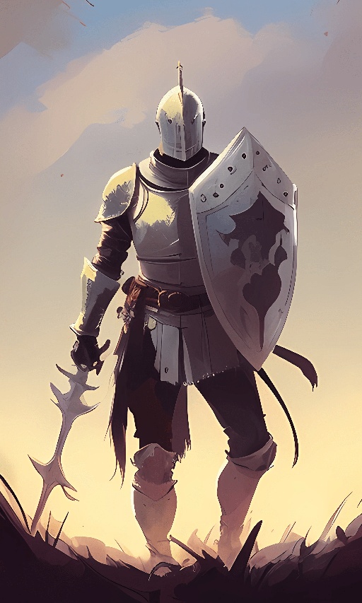 a man in armor standing on a hill with a sword