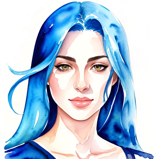 painting of a woman with blue hair and green eyes