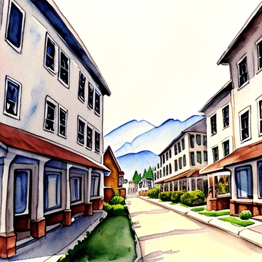 painting of a street with houses and a mountain in the background
