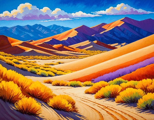painting of a desert landscape with a dirt road and mountains
