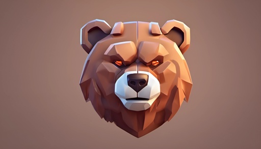 a low poly bear head with a red eye