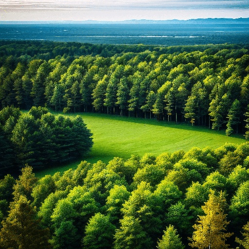 view of a green field surrounded by trees