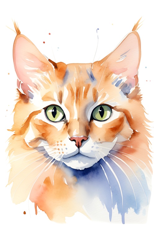 a watercolor painting of a cat with green eyes
