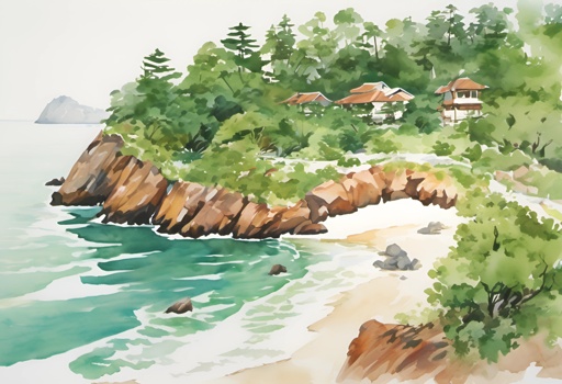 painting of a beach with a house and trees on the shore