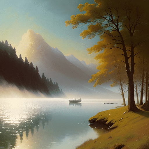 a painting of a boat on a lake with mountains in the background