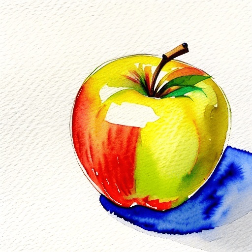 painting of a red and yellow apple with a green leaf on a blue plate